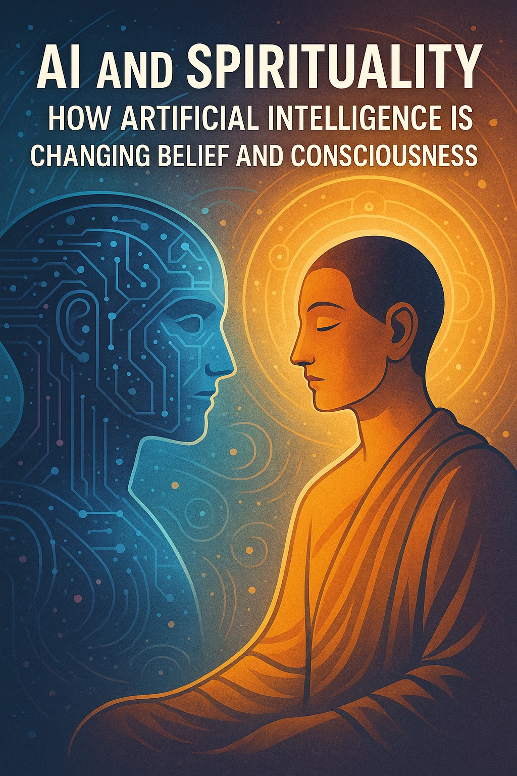 A digital illustration of a serene monk facing an abstract AI figure, symbolizing the intersection of technology and spirituality