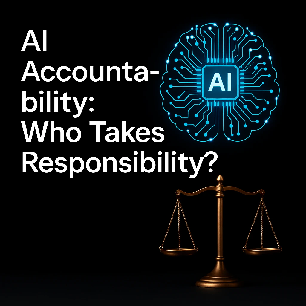 Scales of justice next to an AI brain, representing accountability in artificial intelligence