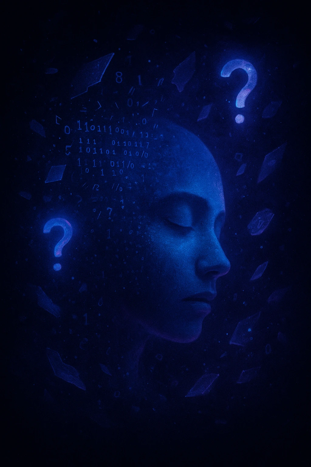 A digital face surrounded by code fragments and surreal elements