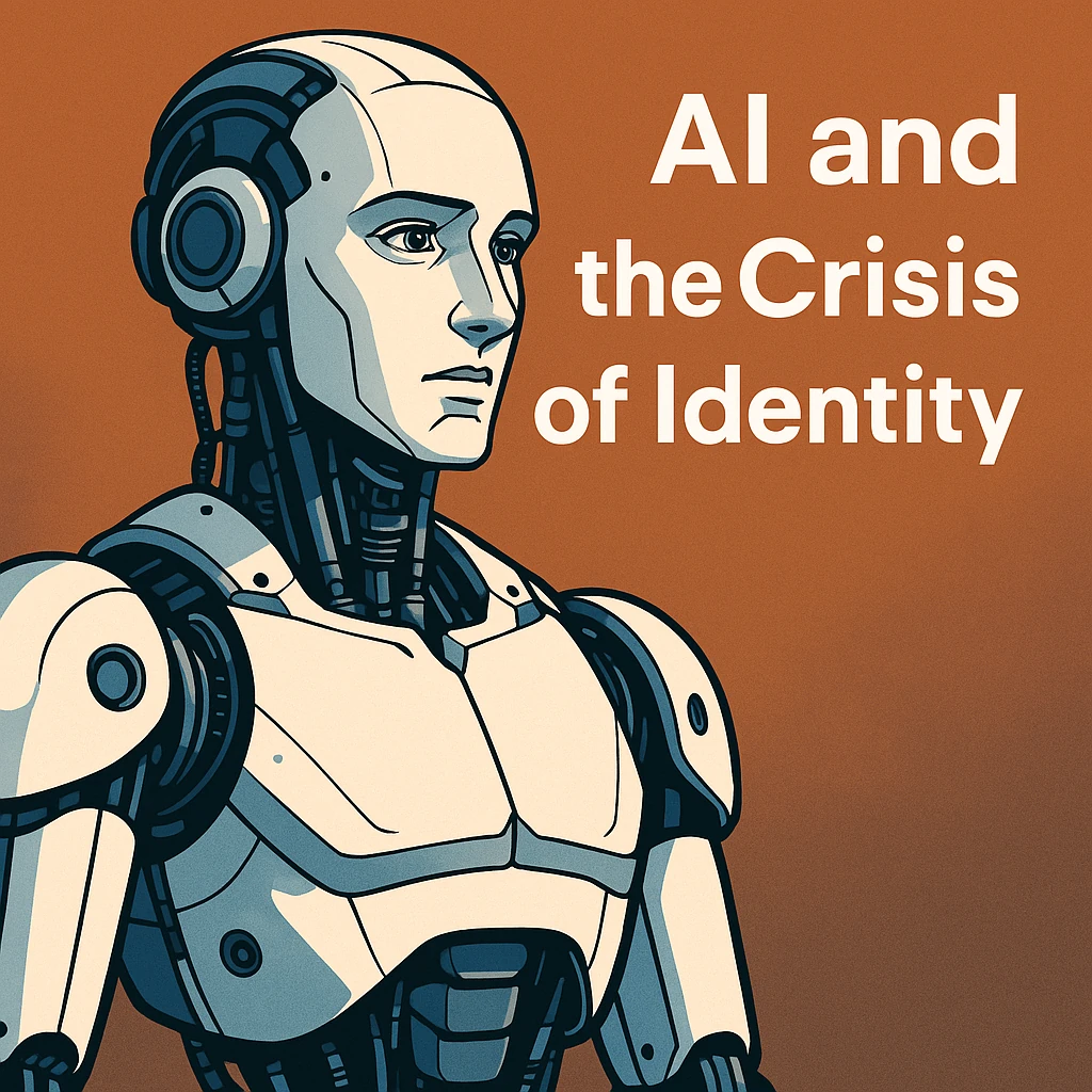 A humanoid AI staring at its own reflection, symbolizing the AI identity crisis and machine self-awareness