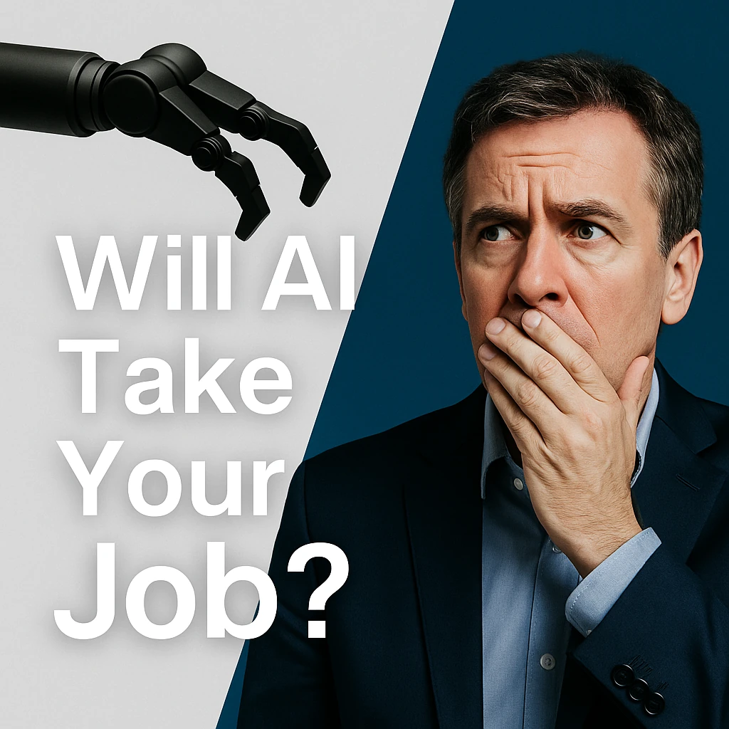 A robotic arm reaching toward a worried man with the text 'Will AI Take Your Job?'