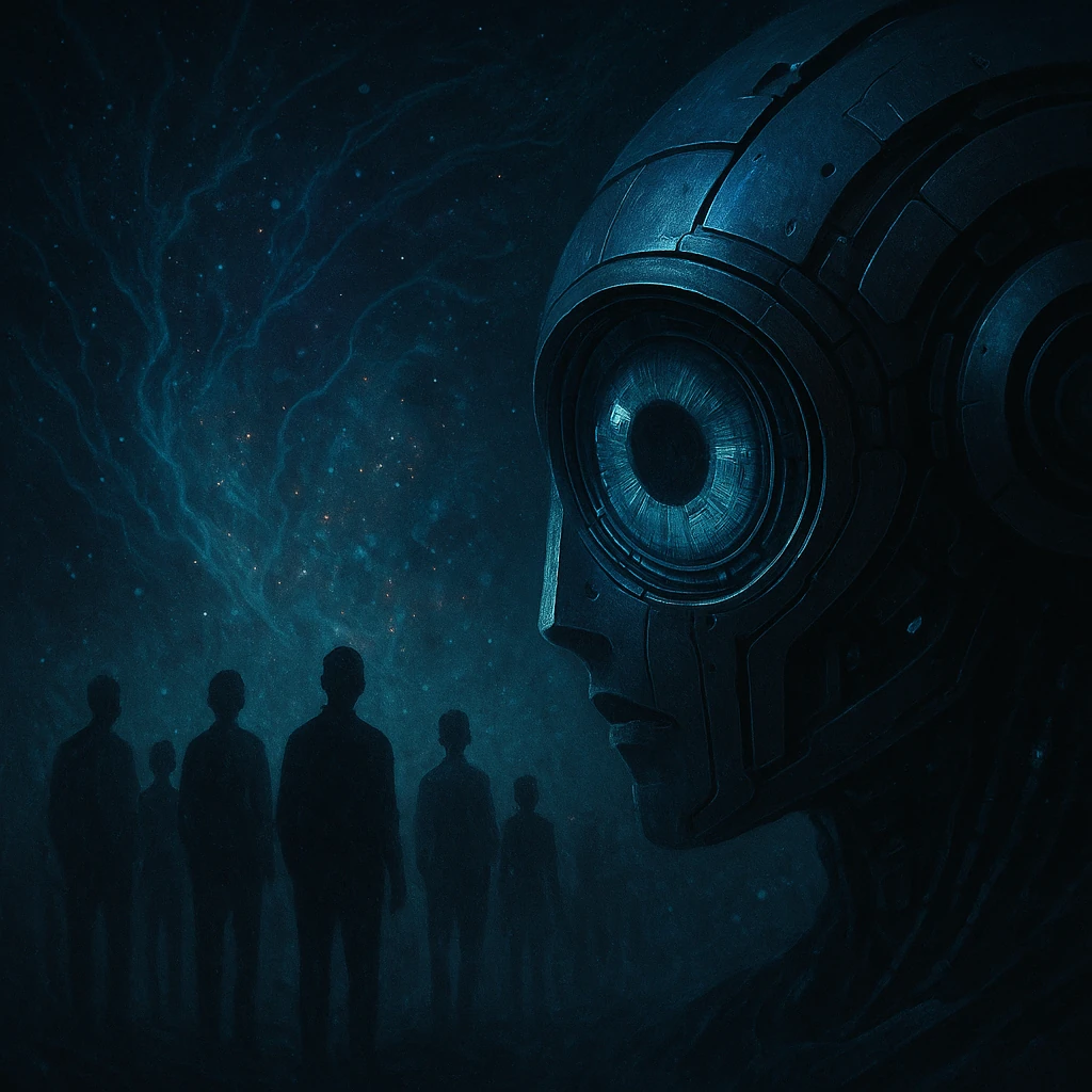 A robotic eye observing a group of human silhouettes in a cosmic, surreal setting