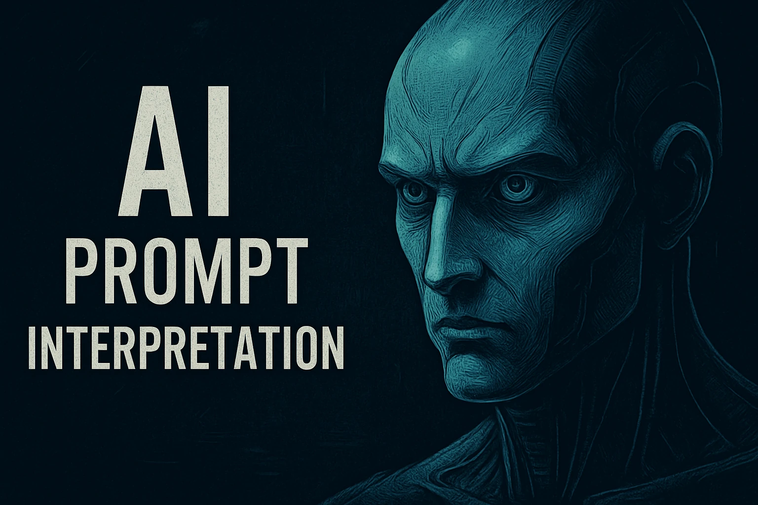 Close-up of an intense humanoid AI interpreting text prompts