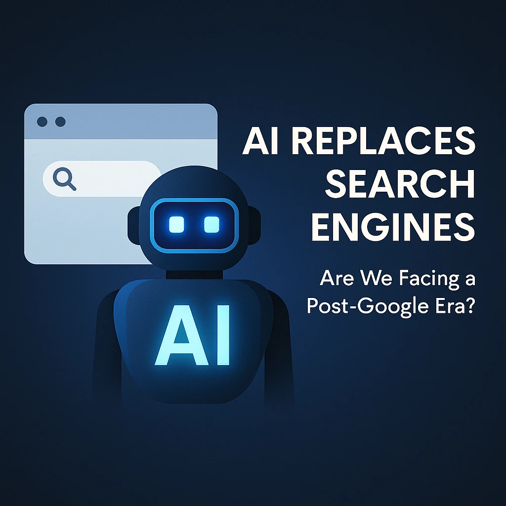 Dark-themed graphic showing AI interfaces overtaking traditional search engines