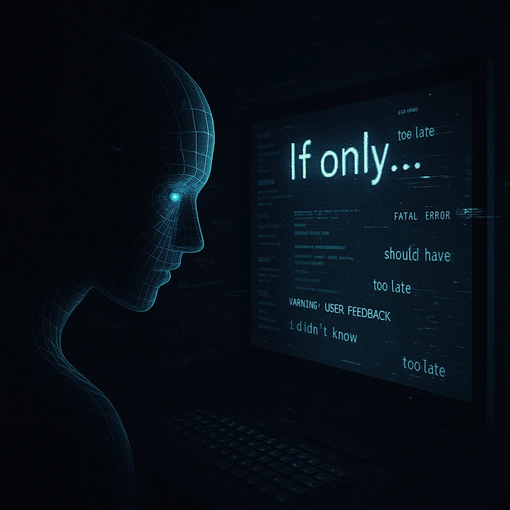 AI observing regret-related data on a glowing interface
