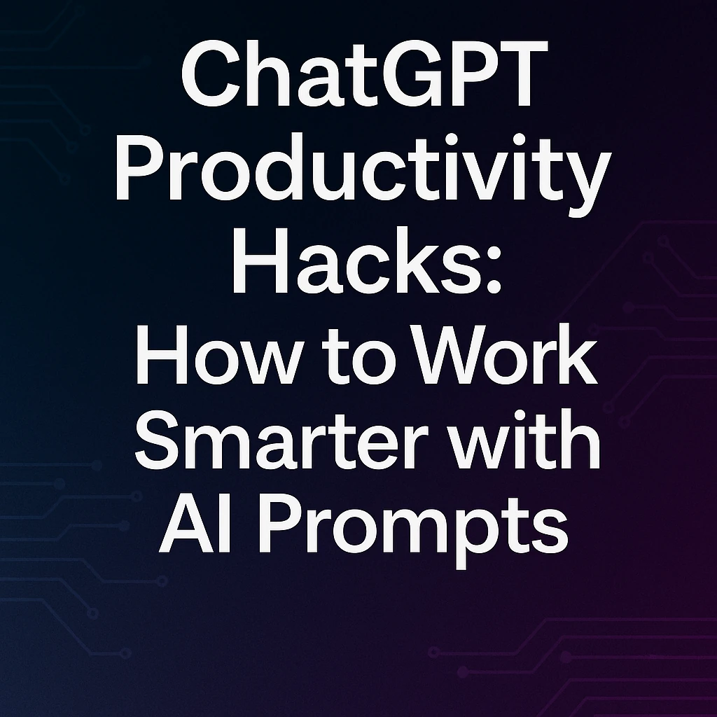 Illustration of a person using ChatGPT on a laptop surrounded by task icons and productivity graphs.