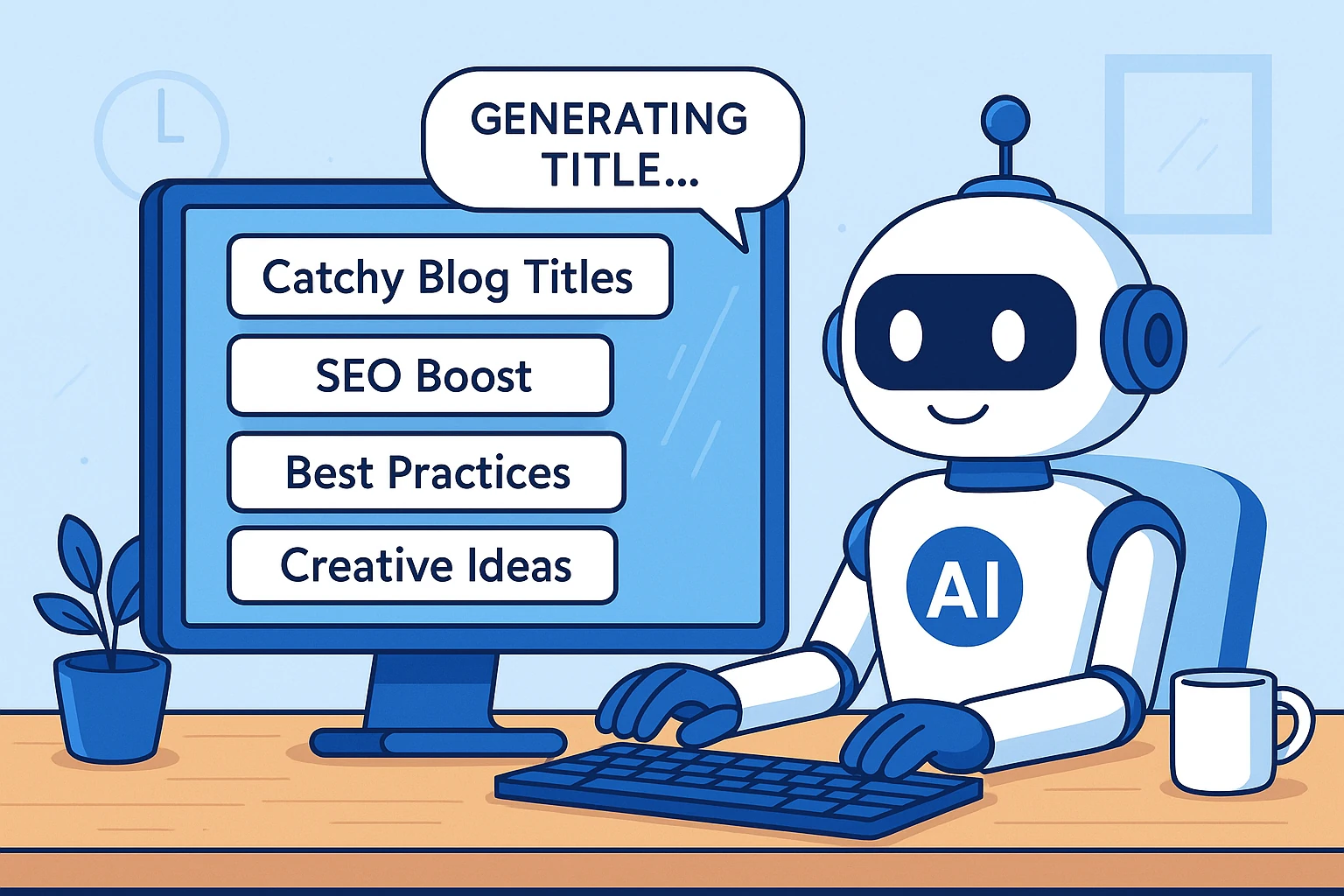 A friendly AI robot typing on a keyboard while generating blog title suggestions on a computer screen.