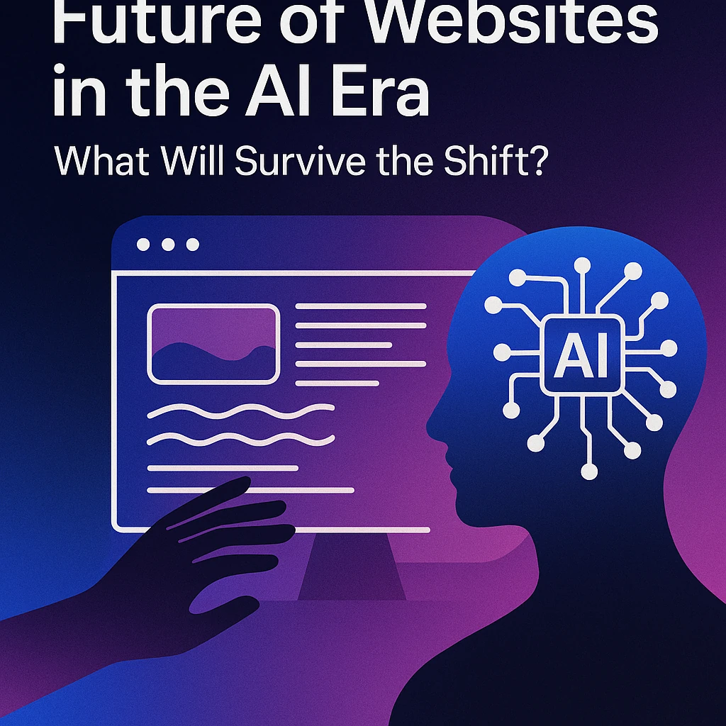 Concept art showing websites transforming into abstract data streams under AI influence