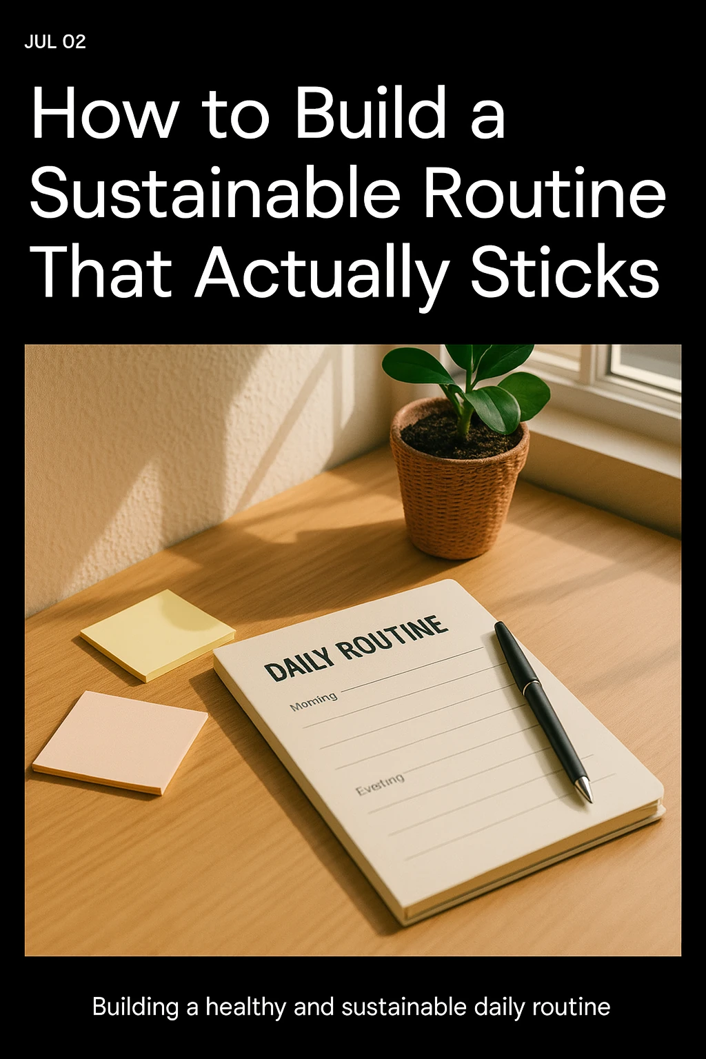 A planner, sticky notes, and pen on a sunlit desk for creating a routine