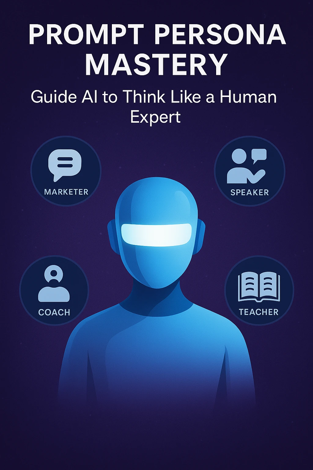 Illustration showing an AI surrounded by icons of professions like marketer, coach, and teacher, representing prompt personas.