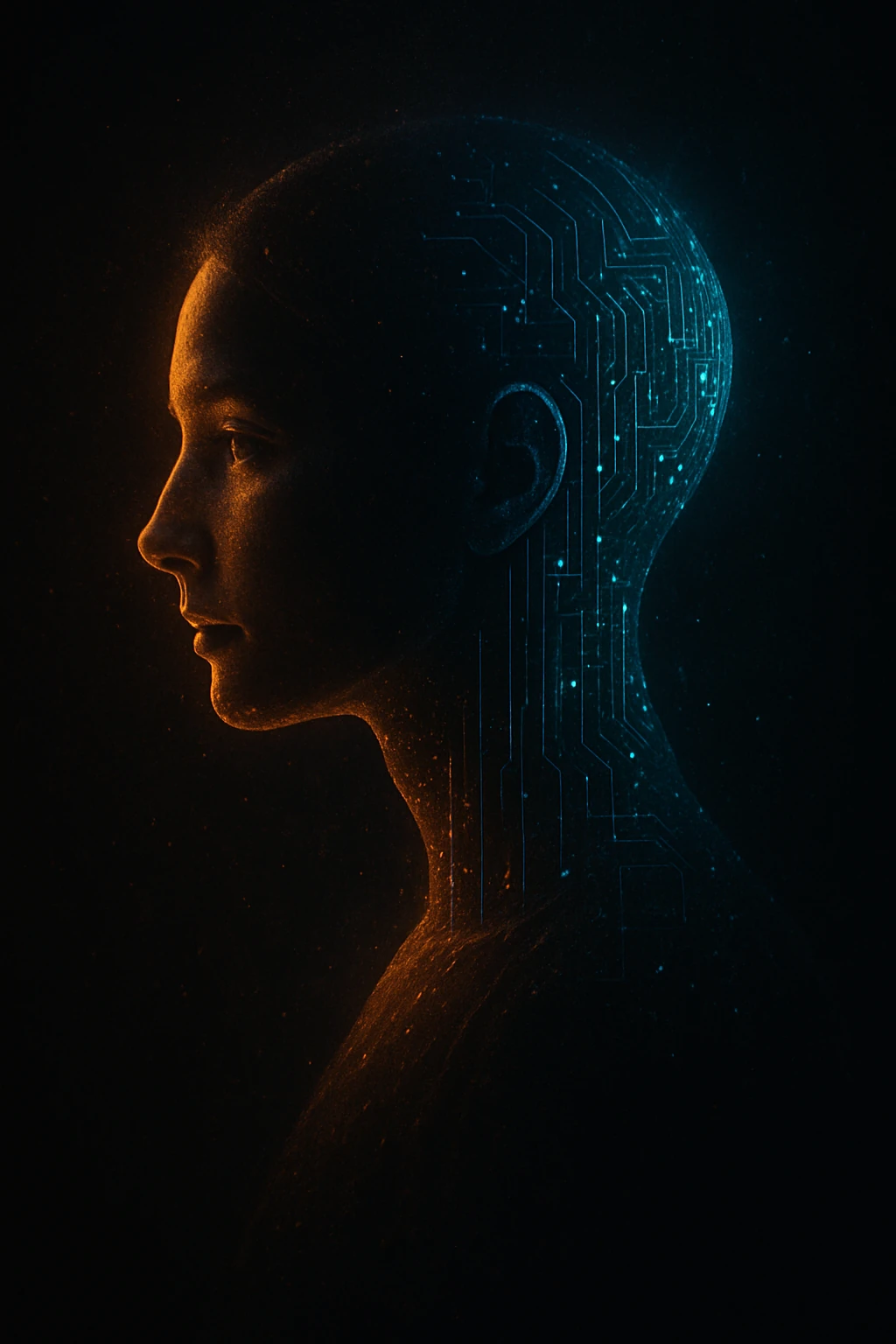 A glowing digital figure merging human and AI features