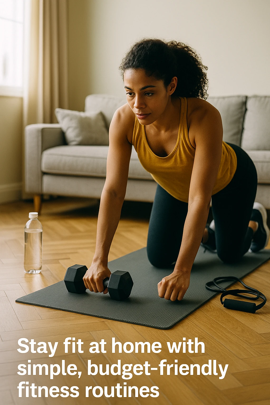 Person doing a home workout on a yoga mat with minimal equipment