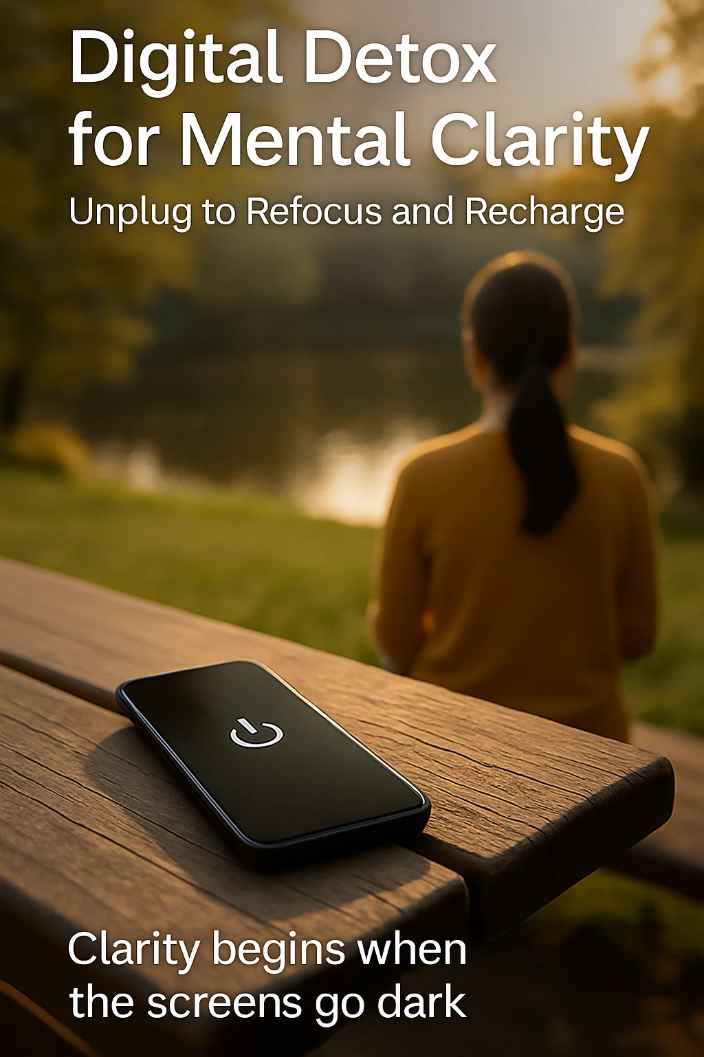 A person enjoying nature while their phone is turned off on a bench