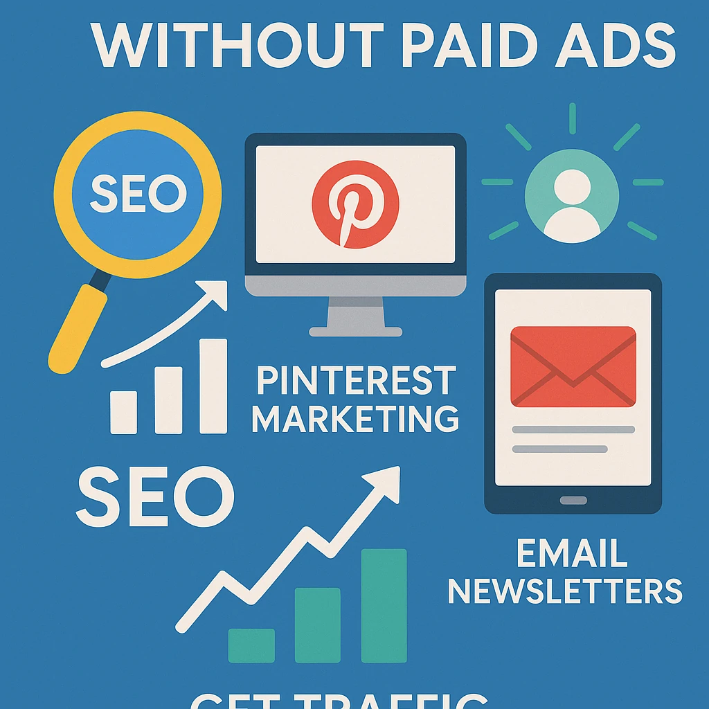 Illustration showing SEO, Pinterest marketing, and email newsletters as methods to get traffic without paid ads