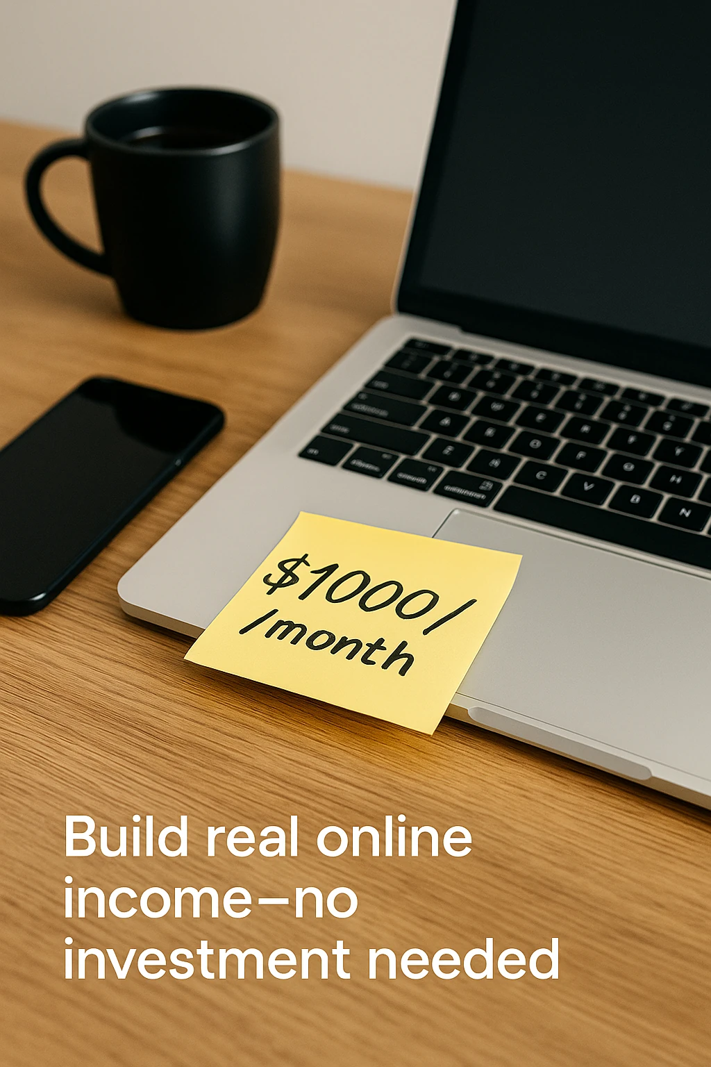 A laptop on a desk with a sticky note that says “$1000/month”, coffee, and phone beside it