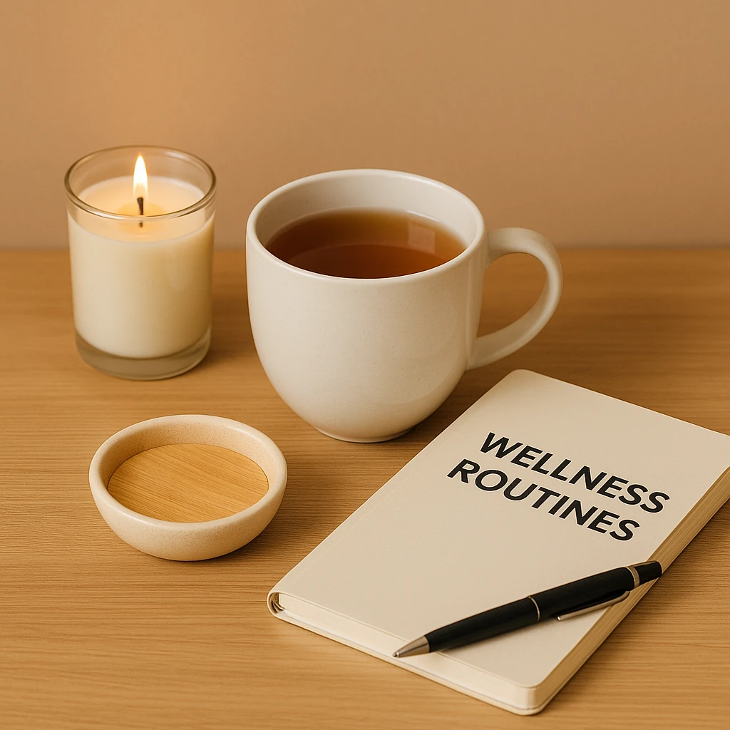 Flat lay of wellness items like tea, journal, and candle on a wooden table