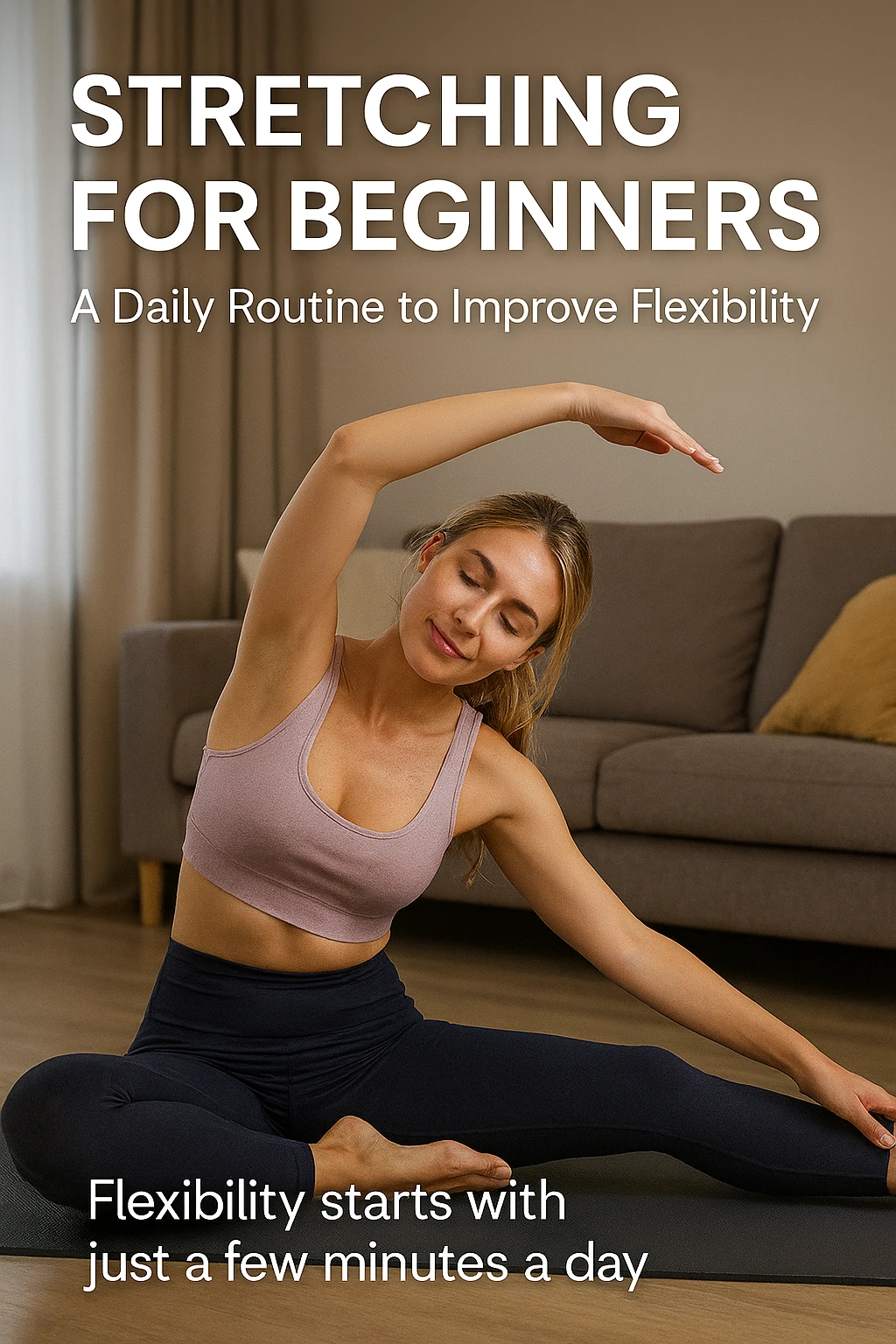 A woman doing beginner stretching exercises on a yoga mat at home