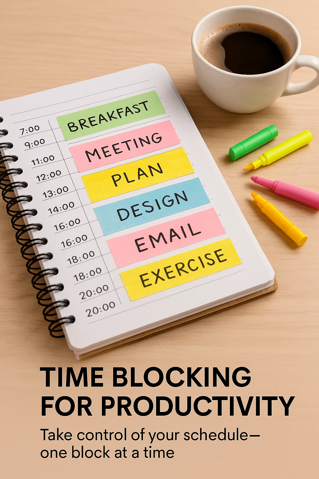 A daily planner showing time blocks with colored highlighters and a cup of coffee