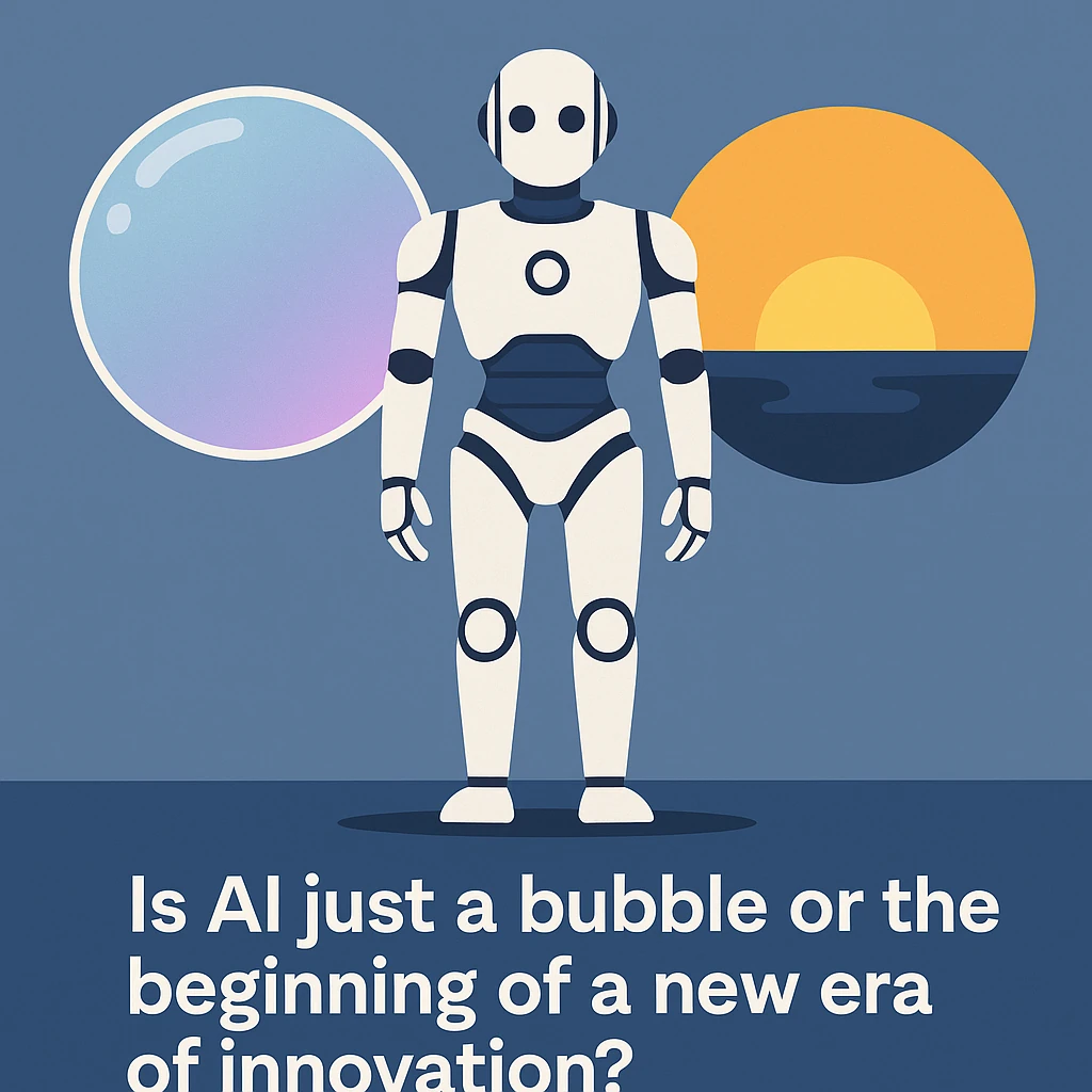 Illustration of an AI robot standing between a bubble and a sunrise horizon, symbolizing the debate of AI as a bubble or a new era