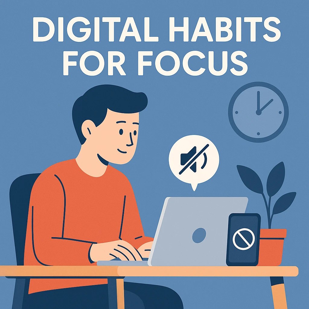 Illustration of a person working on a laptop with muted notifications, representing digital habits for focus