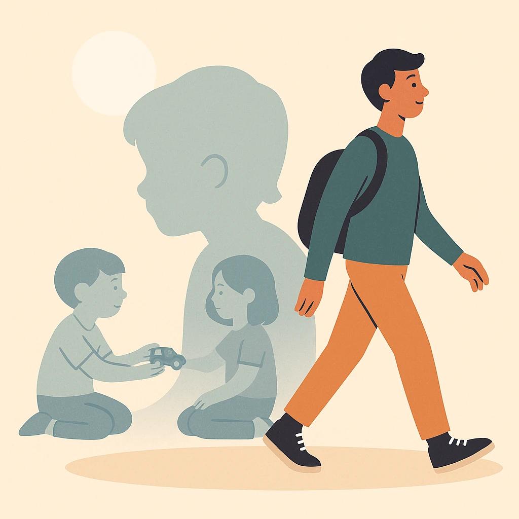 Illustration of a person walking forward with fading memories of childhood and the past behind them, symbolizing how to escape the past