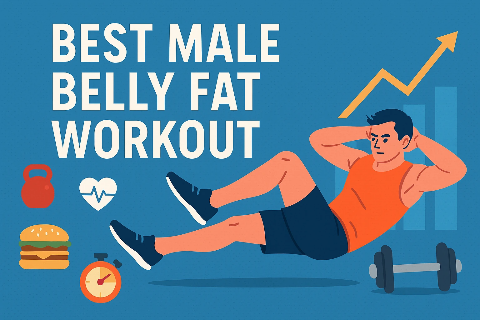 Illustration of a man performing bicycle crunches with fitness icons to represent male belly fat workout