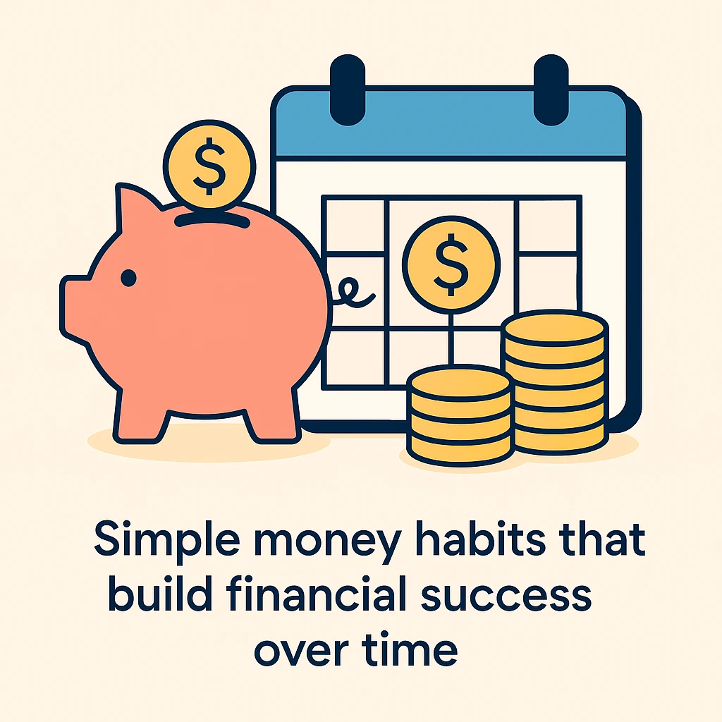 Illustration of coins, a piggy bank, and a calendar showing daily savings, representing money habits for long-term success