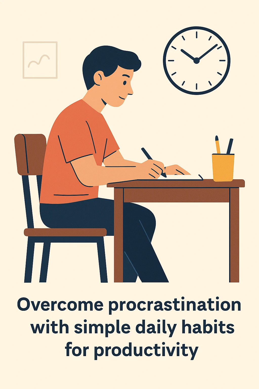 Illustration of a person focused on work at a desk with a clock and no distractions, symbolizing how to overcome procrastination