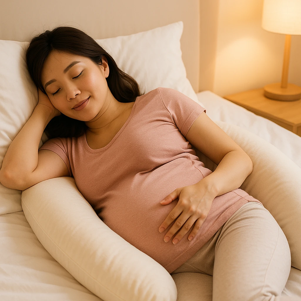 Pregnant woman sleeping on her left side with a maternity pillow for better rest.